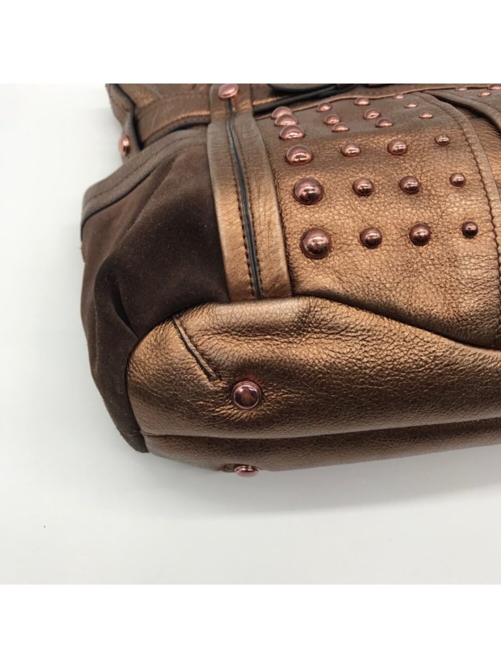 B. Makowsky Metallic Brown Glove Leather Columbia Studded Shopper Bag - Picture 7 of 11